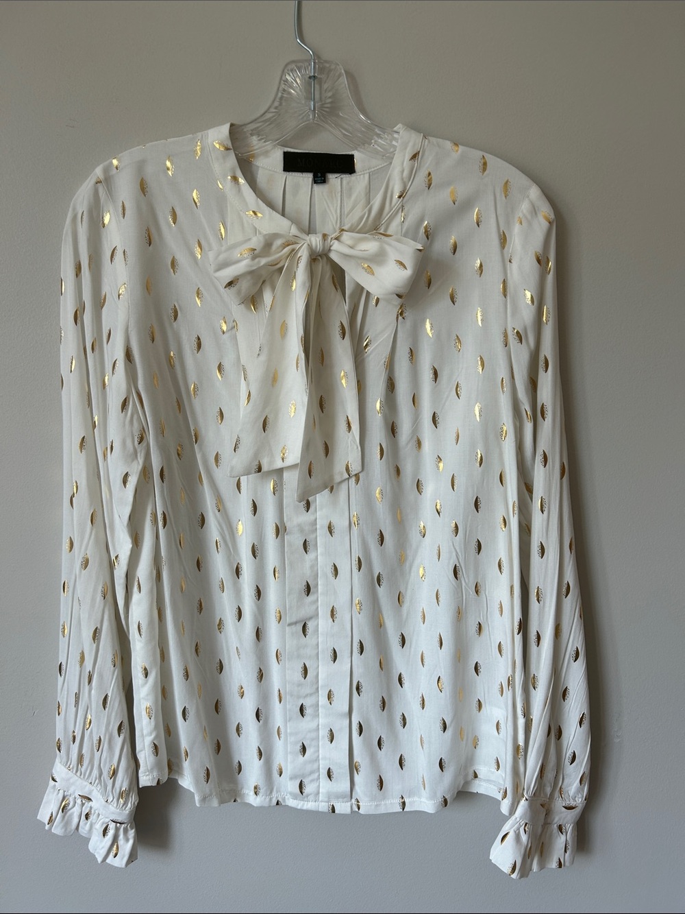 Ivory Bow-Neck Blouse with Gold Foil Detail